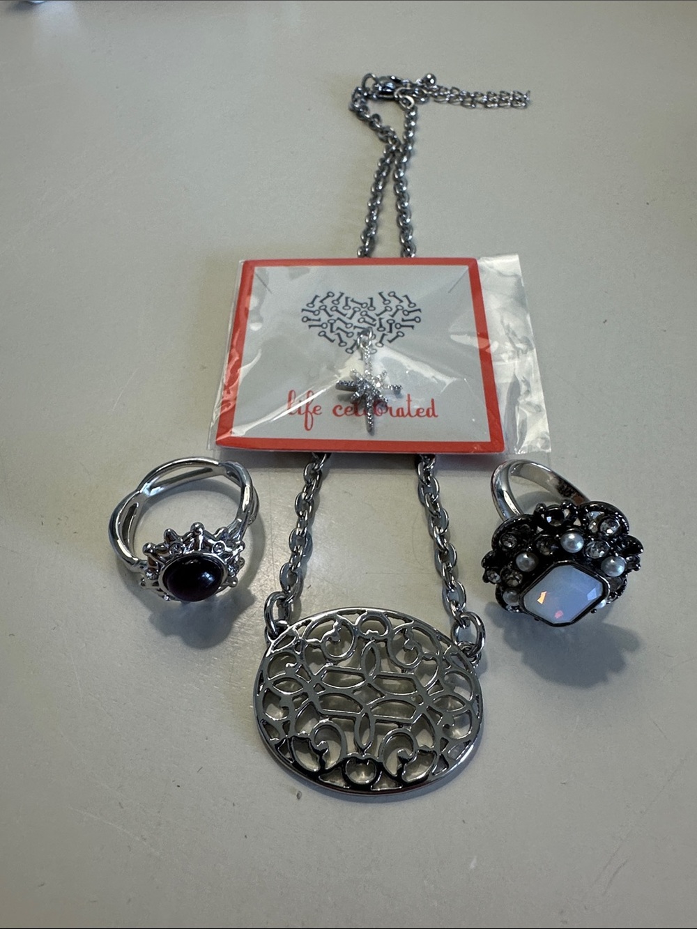 Lia Sophia Silver-Tone Filigree Pendant Necklace and Two Fashion Rings - Silver